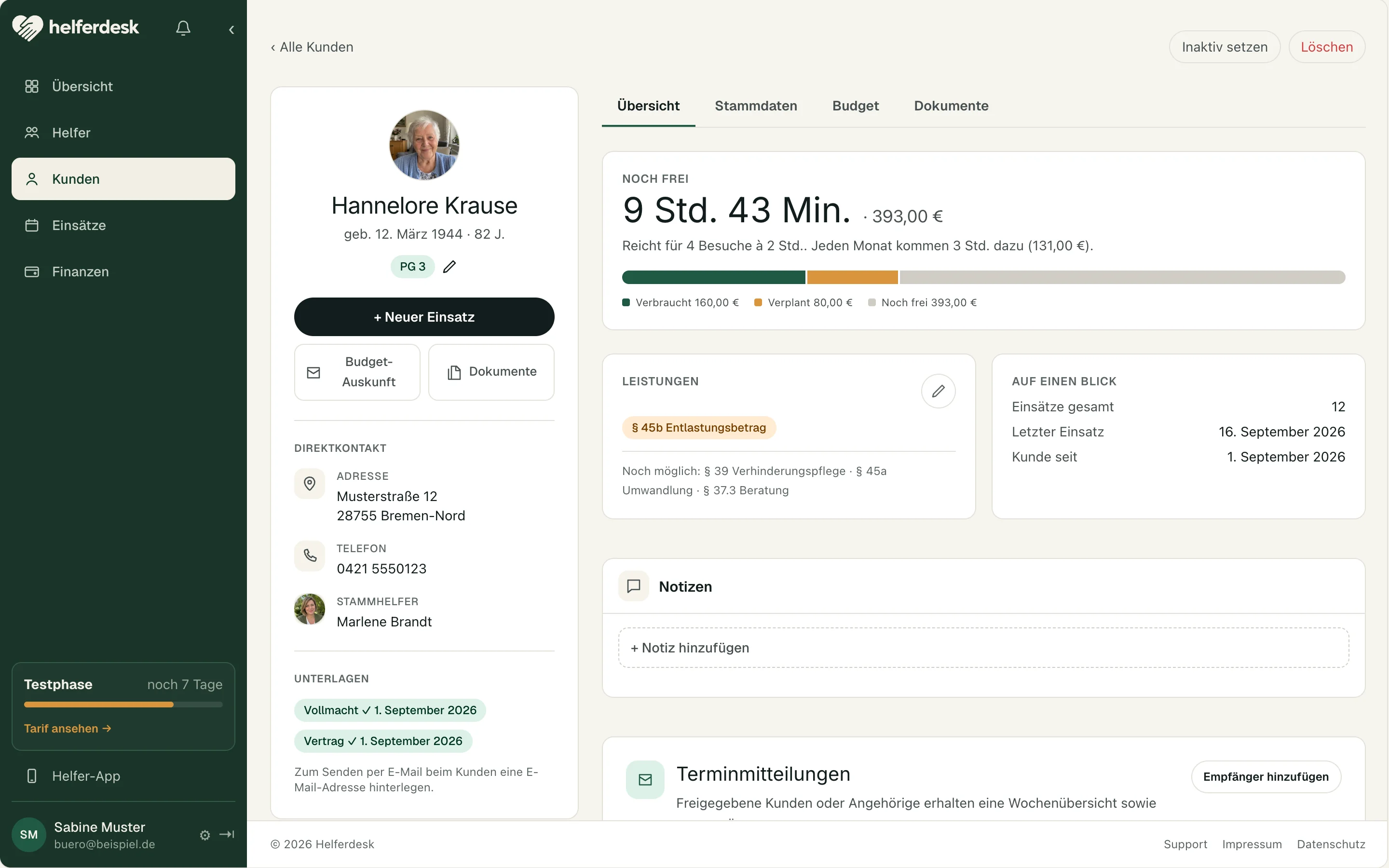 Kundenakte mit Kontaktdaten, verfügbarem Budget, Leistungen und Dokumenten