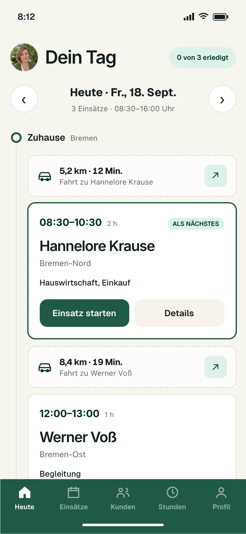 Helfer-App: Tagesplan mit Kundenbesuchen und Fahrzeiten zwischen den Einsätzen